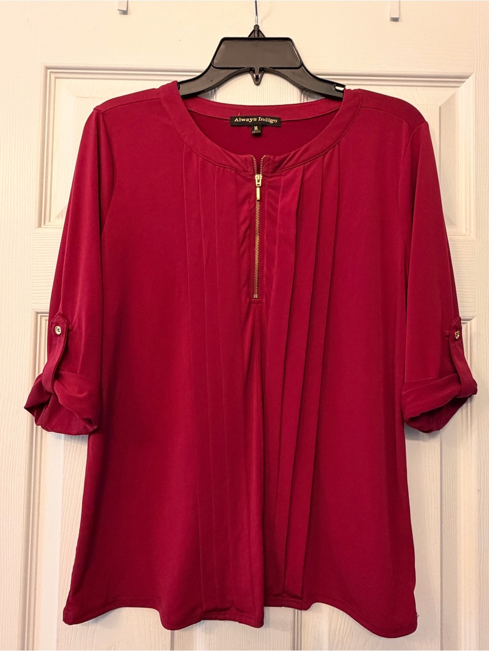 Always Indigo Women's Crimson Zip-Pleat Roll-Sleeve Blouse